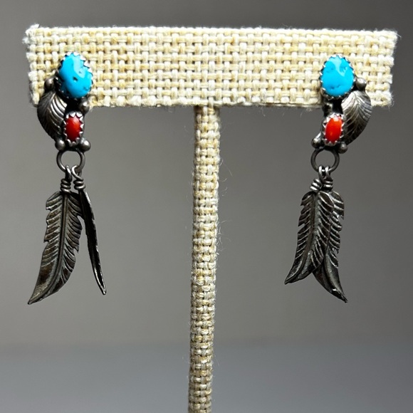 Vintage Navajo Native Turquoise Red Coral Sterling Silver 925